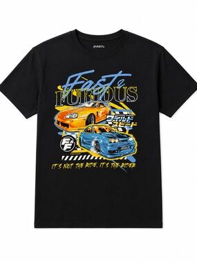 "Fast & Furious" Black Graphic Tee - Yellow & Blue Car Print